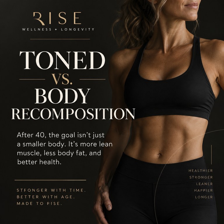 Toned vs. body recomposition after 40 — lean muscle, less body fat, better health at Rise Wellness & Longevity in Prineville, Oregon